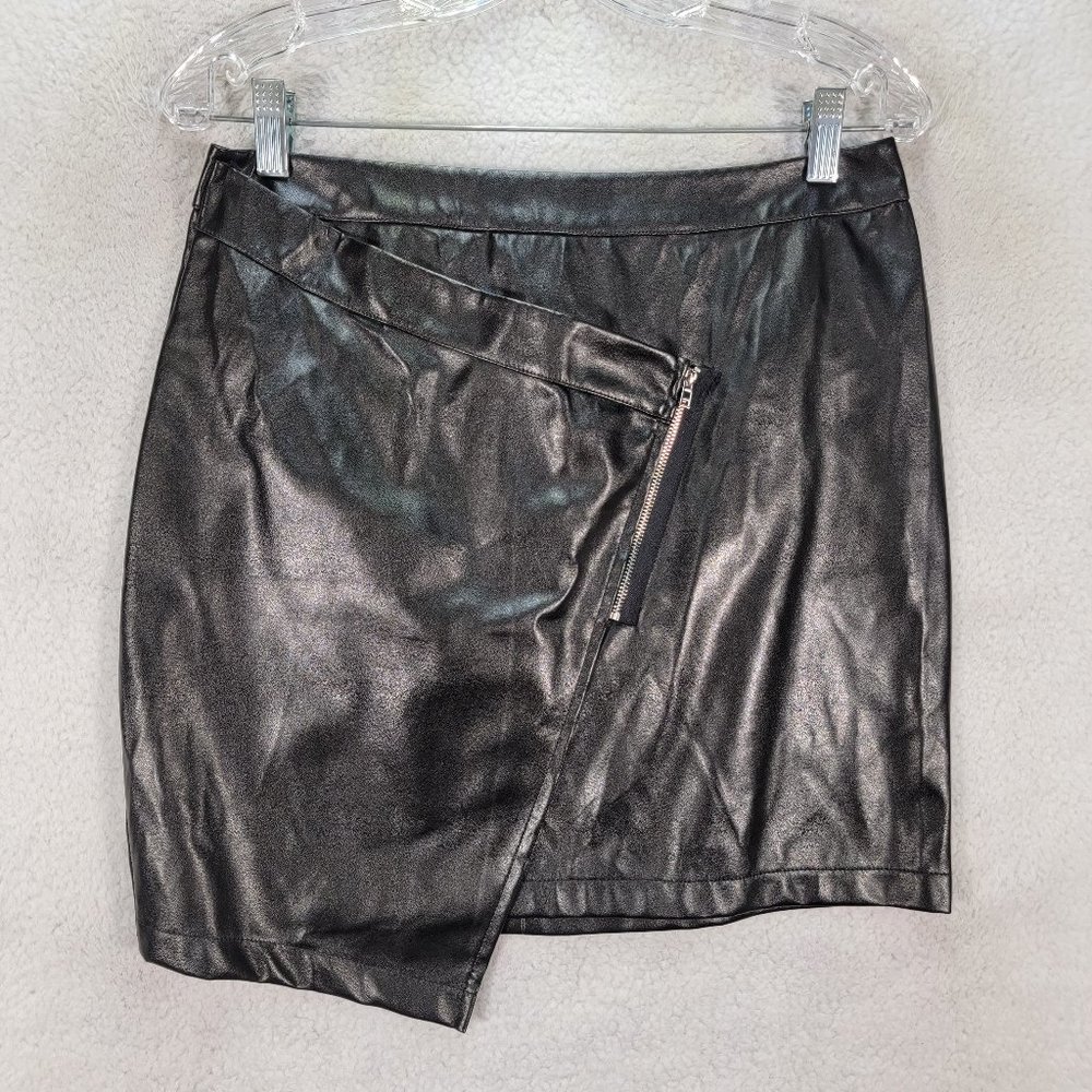 Black Faux Leather Stretch Asymmetric Zipper Mock Wrap Rock Punk Goth Mini Skirt